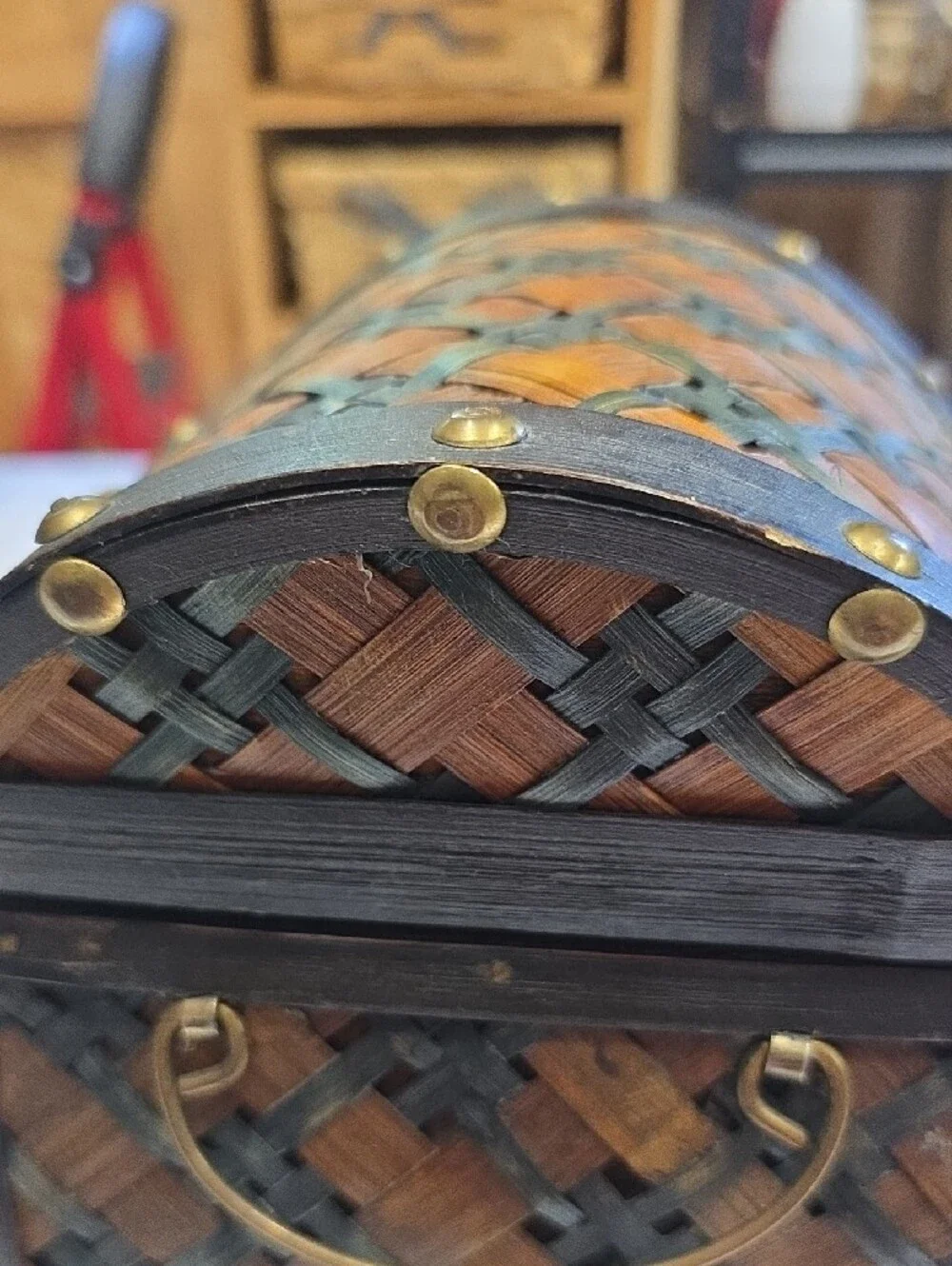 Vintage Woven Wicker, Brass,  and Wood Hinged chest